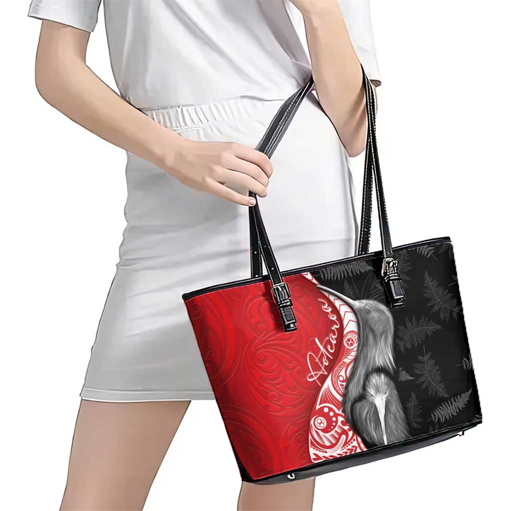 New Zealand Aotearoa Leather Tote Bag Kiwi Fern Maori Pattern Red Version