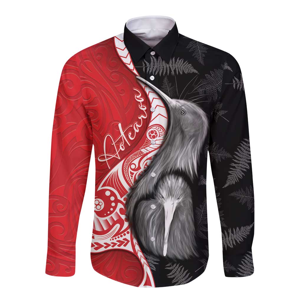 New Zealand Aotearoa Long Sleeve Button Shirt Kiwi Fern Maori Pattern Red Version