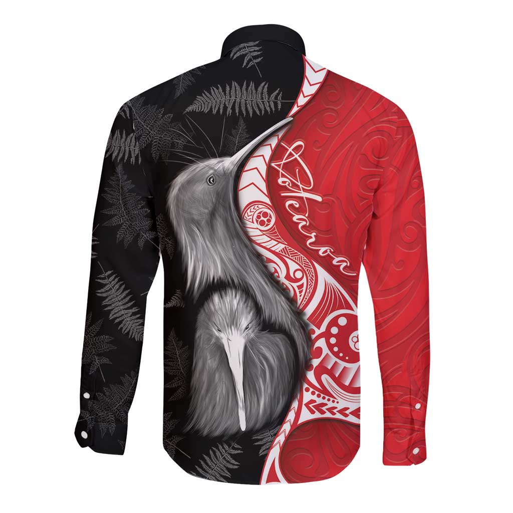 New Zealand Aotearoa Long Sleeve Button Shirt Kiwi Fern Maori Pattern Red Version