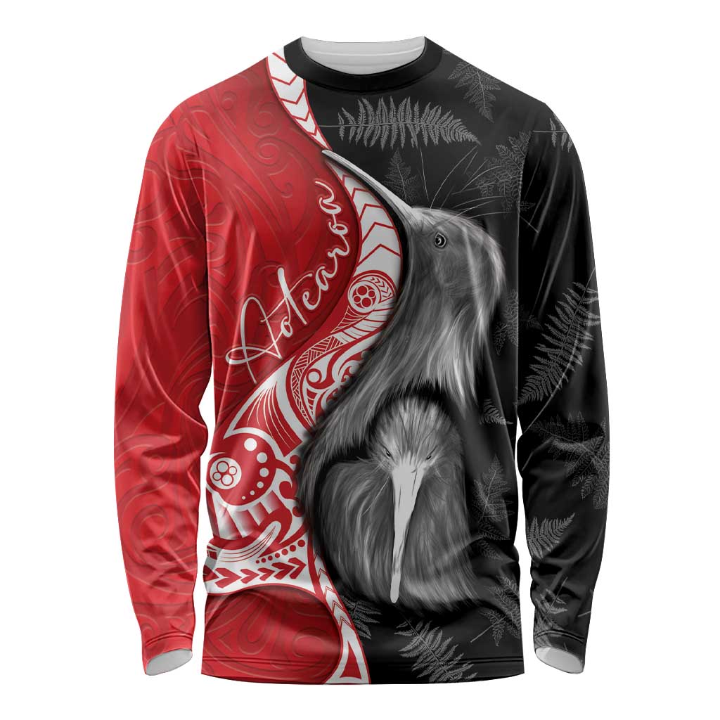 New Zealand Aotearoa Long Sleeve Shirt Kiwi Fern Maori Pattern Red Version