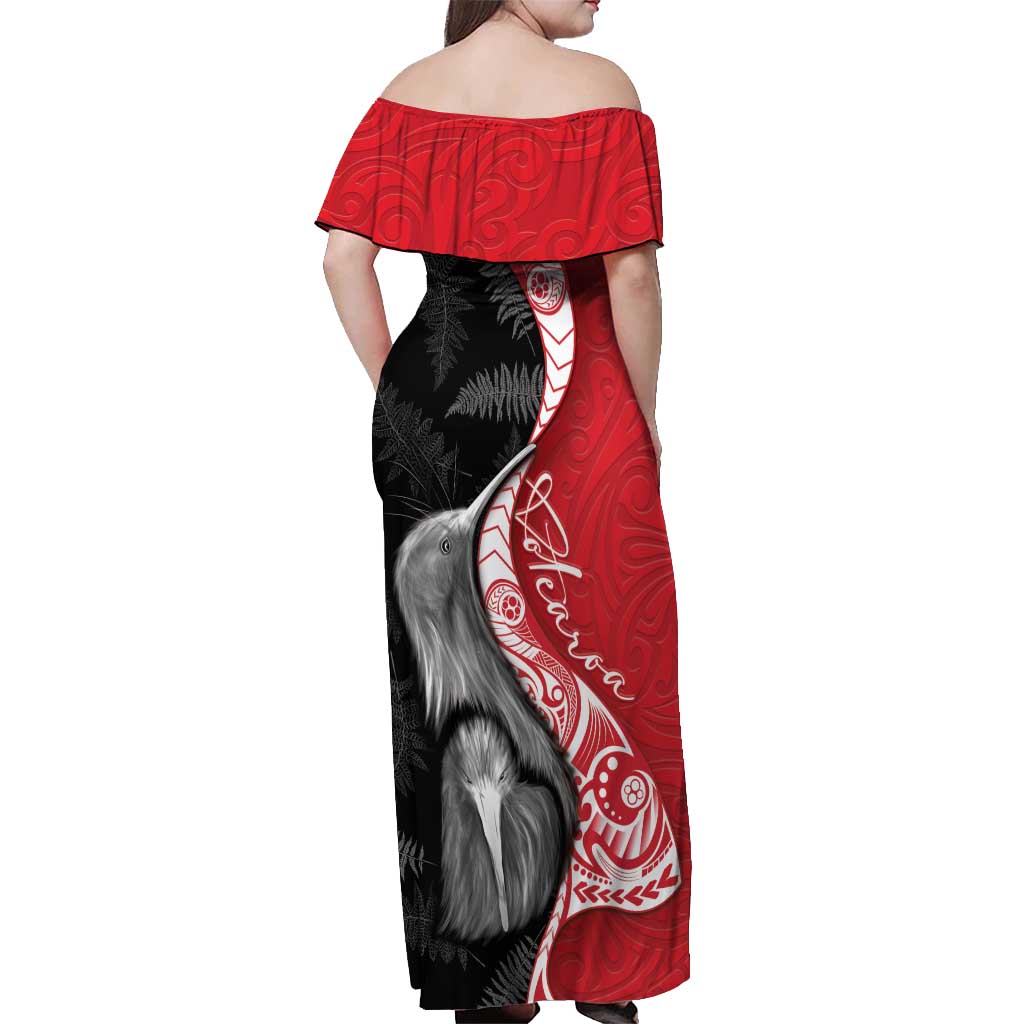 New Zealand Aotearoa Off Shoulder Maxi Dress Kiwi Fern Maori Pattern Red Version