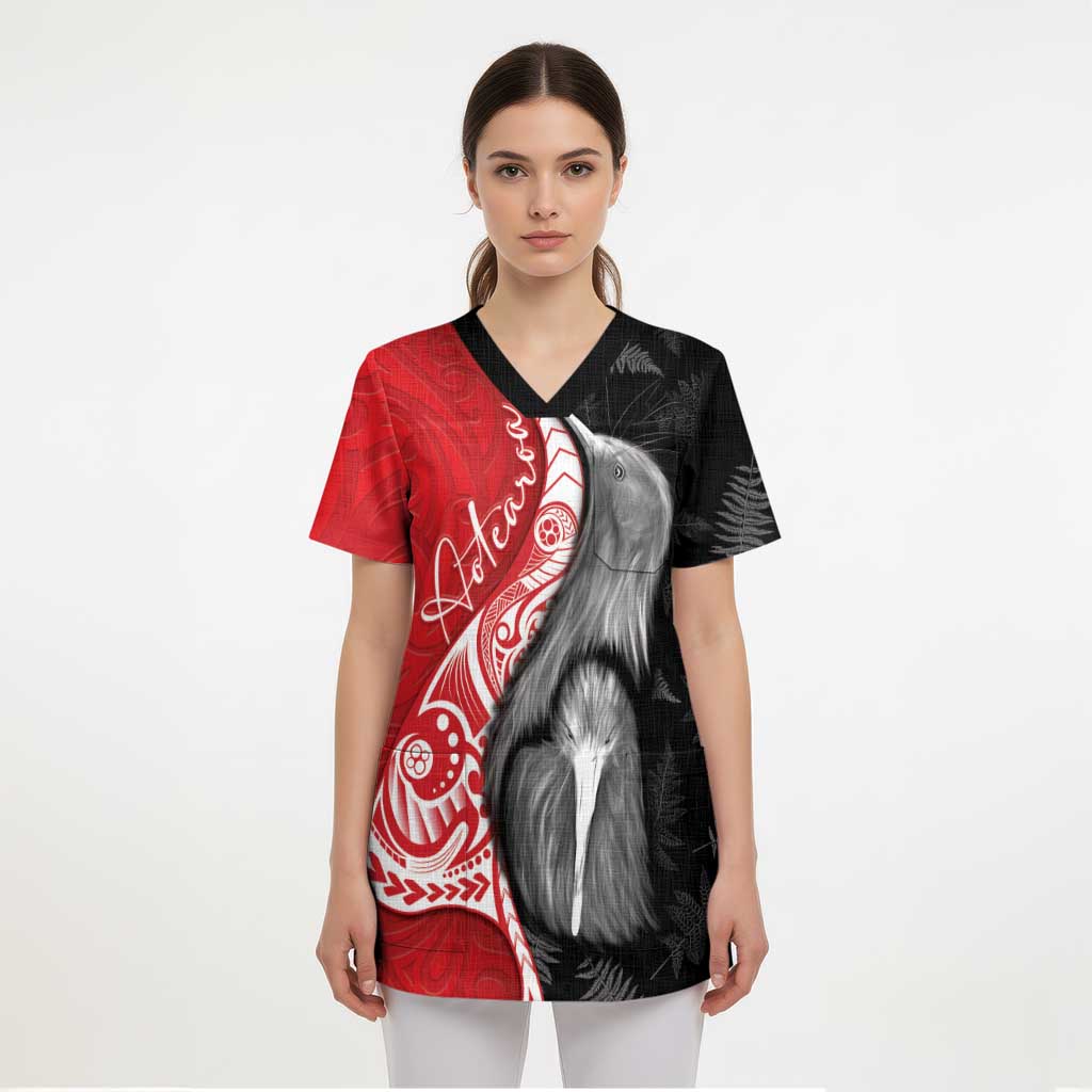 New Zealand Aotearoa Scrub Top Kiwi Fern Maori Pattern Red Version - Polynesian Pride