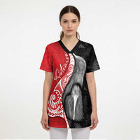 New Zealand Aotearoa Scrub Top Kiwi Fern Maori Pattern Red Version - Polynesian Pride