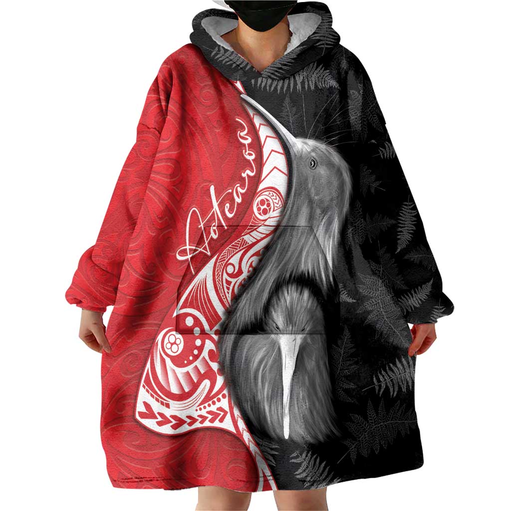 New Zealand Aotearoa Wearable Blanket Hoodie Kiwi Fern Maori Pattern Red Version