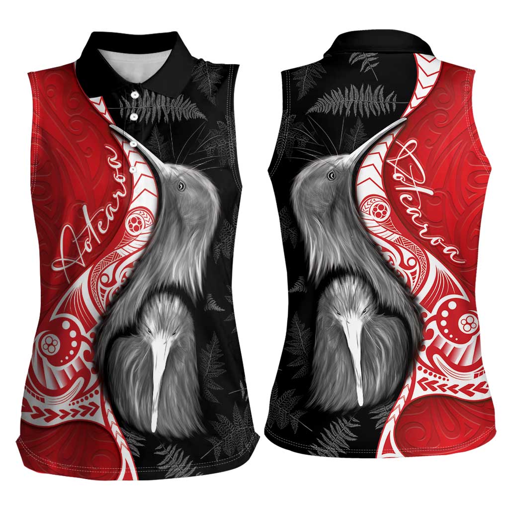 New Zealand Aotearoa Women Sleeveless Polo Shirt Kiwi Fern Maori Pattern Red Version