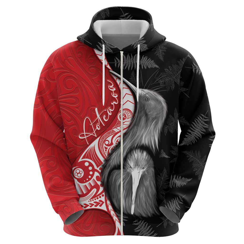 New Zealand Aotearoa Zip Hoodie Kiwi Fern Maori Pattern Red Version