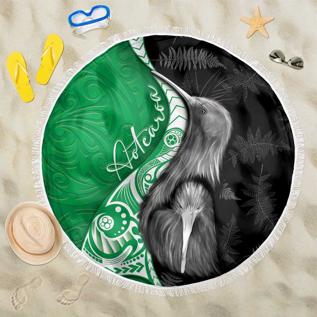 New Zealand Aotearoa Beach Blanket Kiwi Fern Maori Pattern Green Version