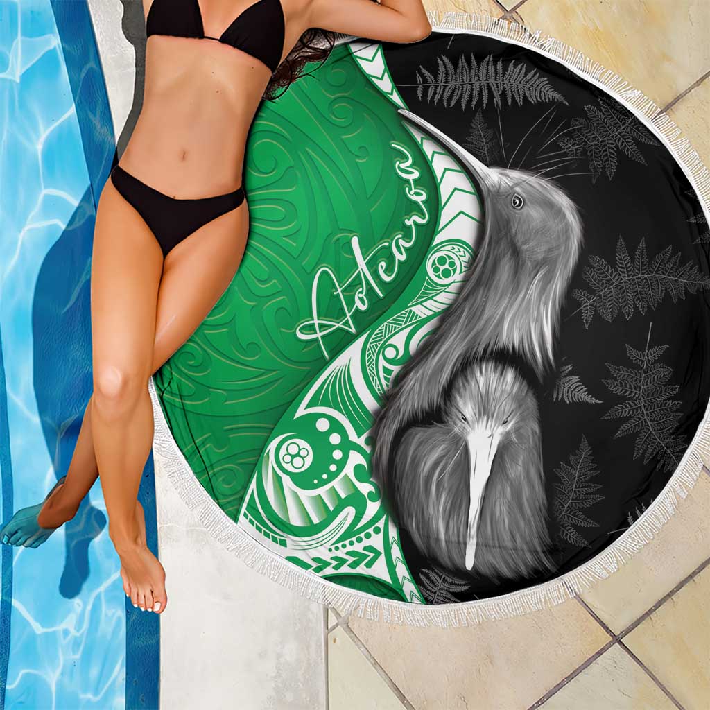 New Zealand Aotearoa Beach Blanket Kiwi Fern Maori Pattern Green Version