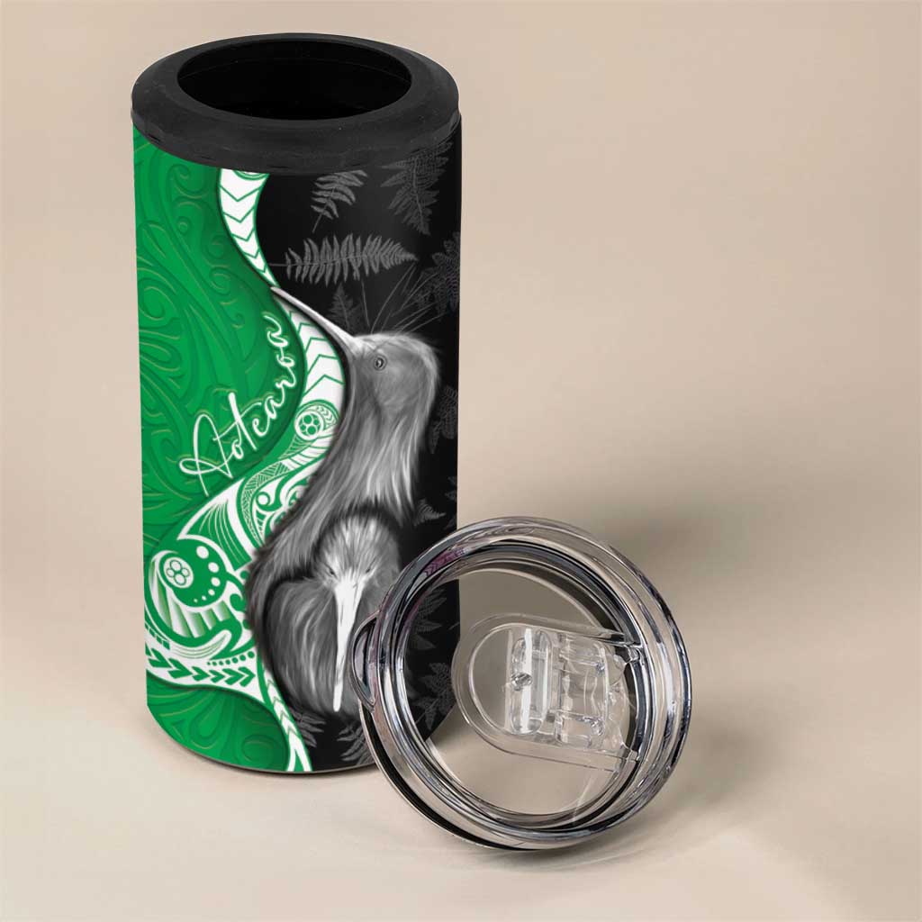 New Zealand Aotearoa 4 in 1 Can Cooler Tumbler Kiwi Fern Maori Pattern Green Version