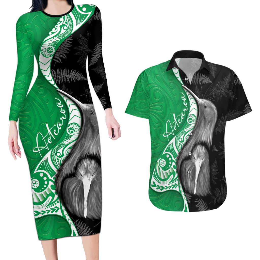 New Zealand Aotearoa Couples Matching Long Sleeve Bodycon Dress and Hawaiian Shirt Kiwi Fern Maori Pattern Green Version