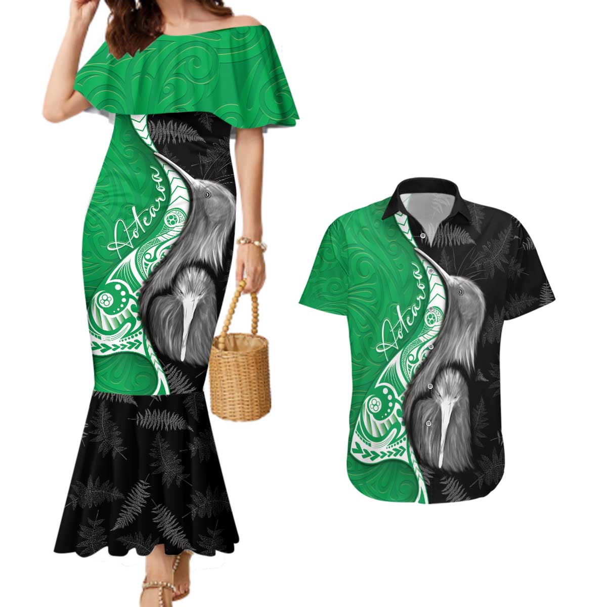 New Zealand Aotearoa Couples Matching Mermaid Dress and Hawaiian Shirt Kiwi Fern Maori Pattern Green Version