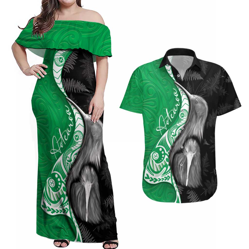 New Zealand Aotearoa Couples Matching Off Shoulder Maxi Dress and Hawaiian Shirt Kiwi Fern Maori Pattern Green Version
