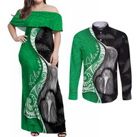 New Zealand Aotearoa Couples Matching Off Shoulder Maxi Dress and Long Sleeve Button Shirt Kiwi Fern Maori Pattern Green Version