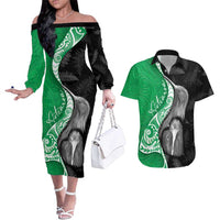 New Zealand Aotearoa Couples Matching Off The Shoulder Long Sleeve Dress and Hawaiian Shirt Kiwi Fern Maori Pattern Green Version