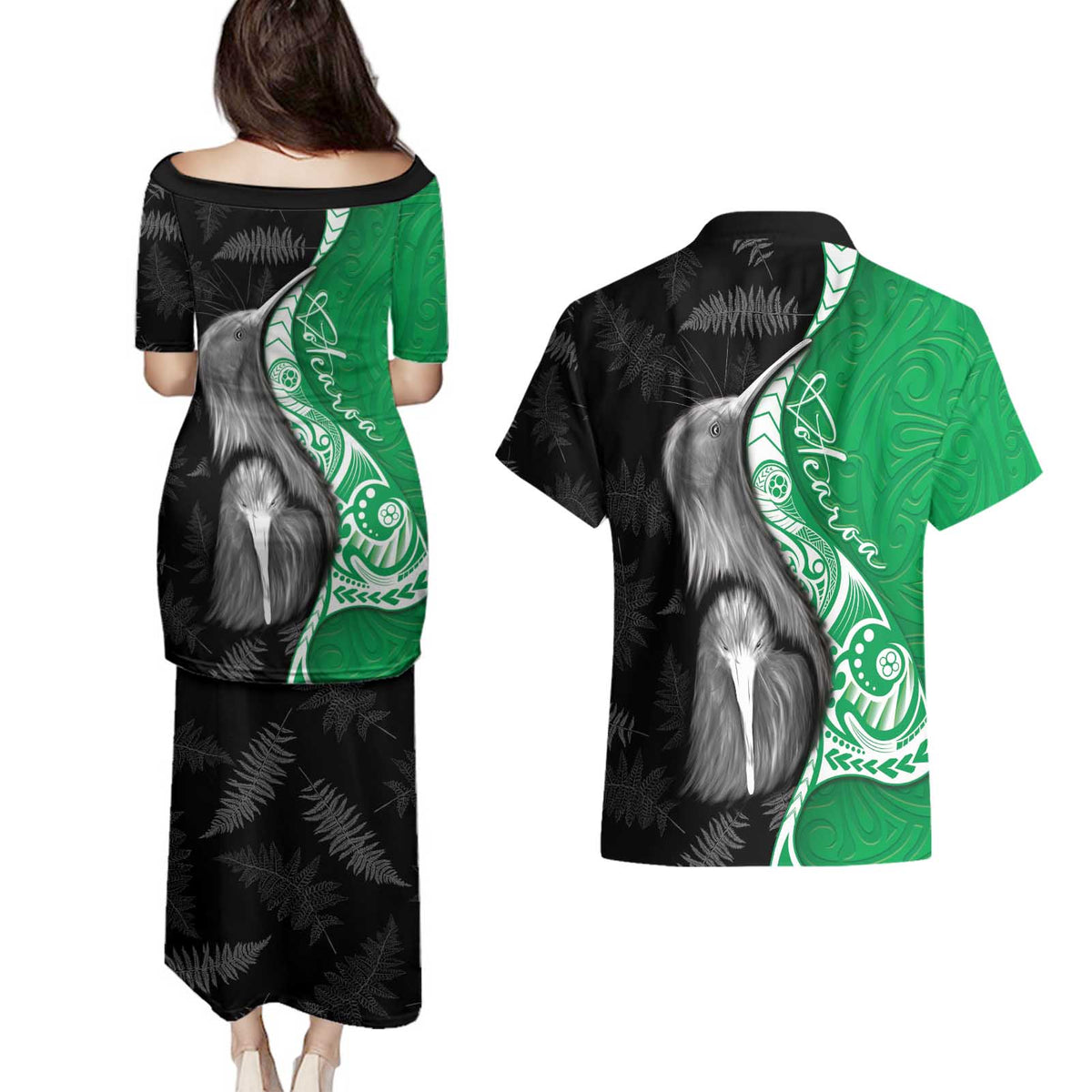 New Zealand Aotearoa Couples Matching Puletasi and Hawaiian Shirt Kiwi Fern Maori Pattern Green Version