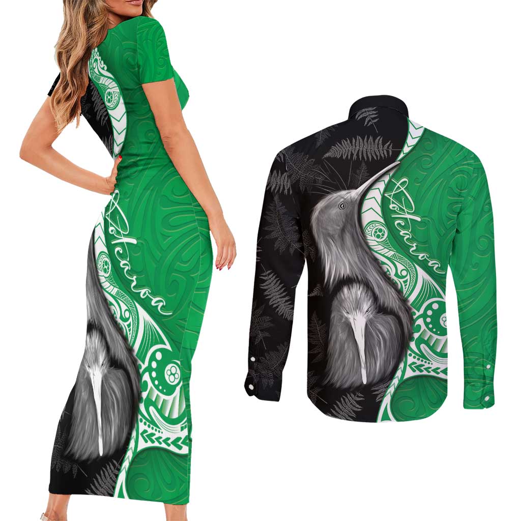 New Zealand Aotearoa Couples Matching Short Sleeve Bodycon Dress and Long Sleeve Button Shirt Kiwi Fern Maori Pattern Green Version