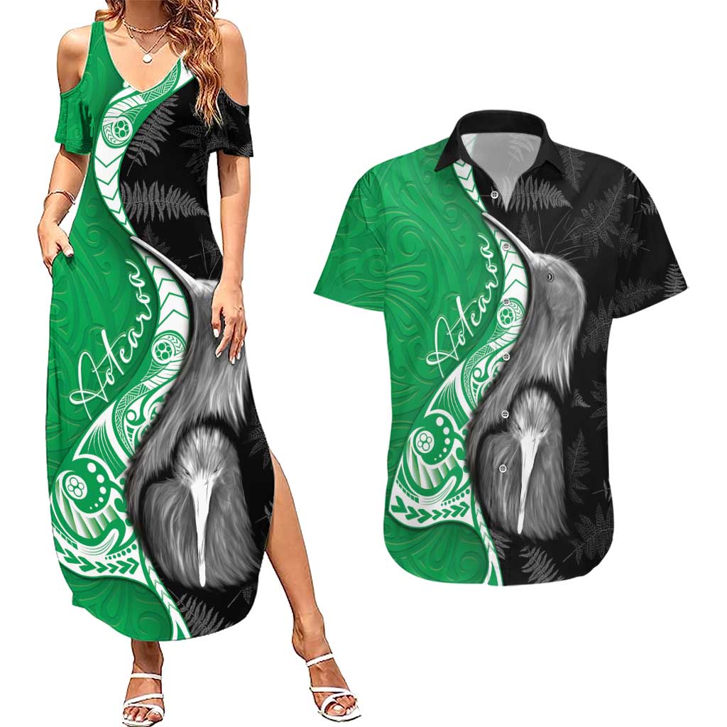 New Zealand Aotearoa Couples Matching Summer Maxi Dress and Hawaiian Shirt Kiwi Fern Maori Pattern Green Version