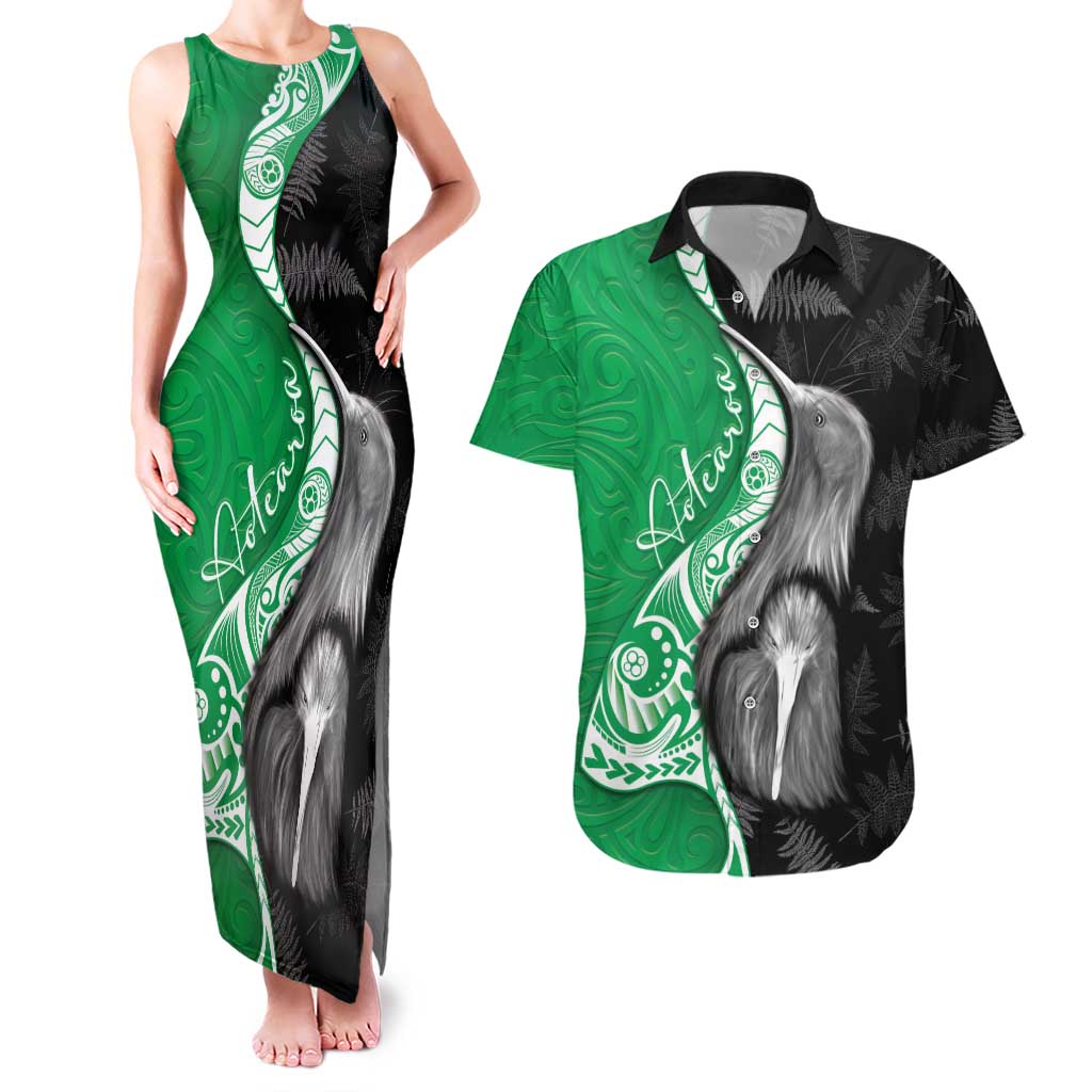 New Zealand Aotearoa Couples Matching Tank Maxi Dress and Hawaiian Shirt Kiwi Fern Maori Pattern Green Version