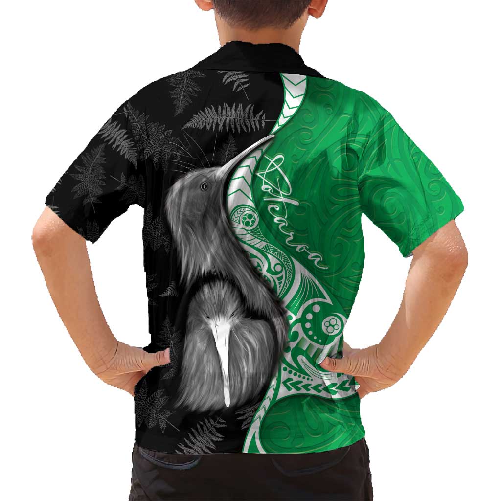 New Zealand Aotearoa Family Matching Long Sleeve Bodycon Dress and Hawaiian Shirt Kiwi Fern Maori Pattern Green Version
