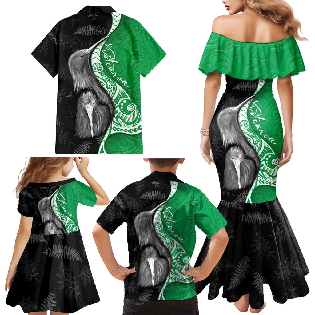 New Zealand Aotearoa Family Matching Mermaid Dress and Hawaiian Shirt Kiwi Fern Maori Pattern Green Version