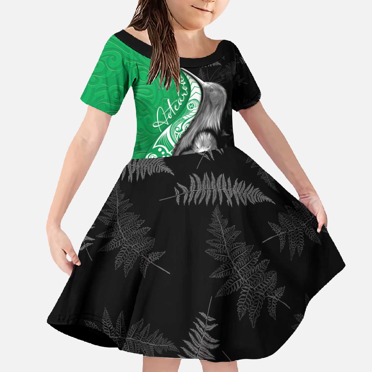 New Zealand Aotearoa Family Matching Off The Shoulder Long Sleeve Dress and Hawaiian Shirt Kiwi Fern Maori Pattern Green Version
