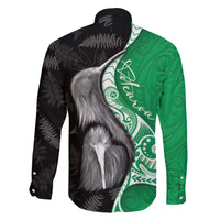 New Zealand Aotearoa Family Matching Off The Shoulder Long Sleeve Dress and Hawaiian Shirt Kiwi Fern Maori Pattern Green Version