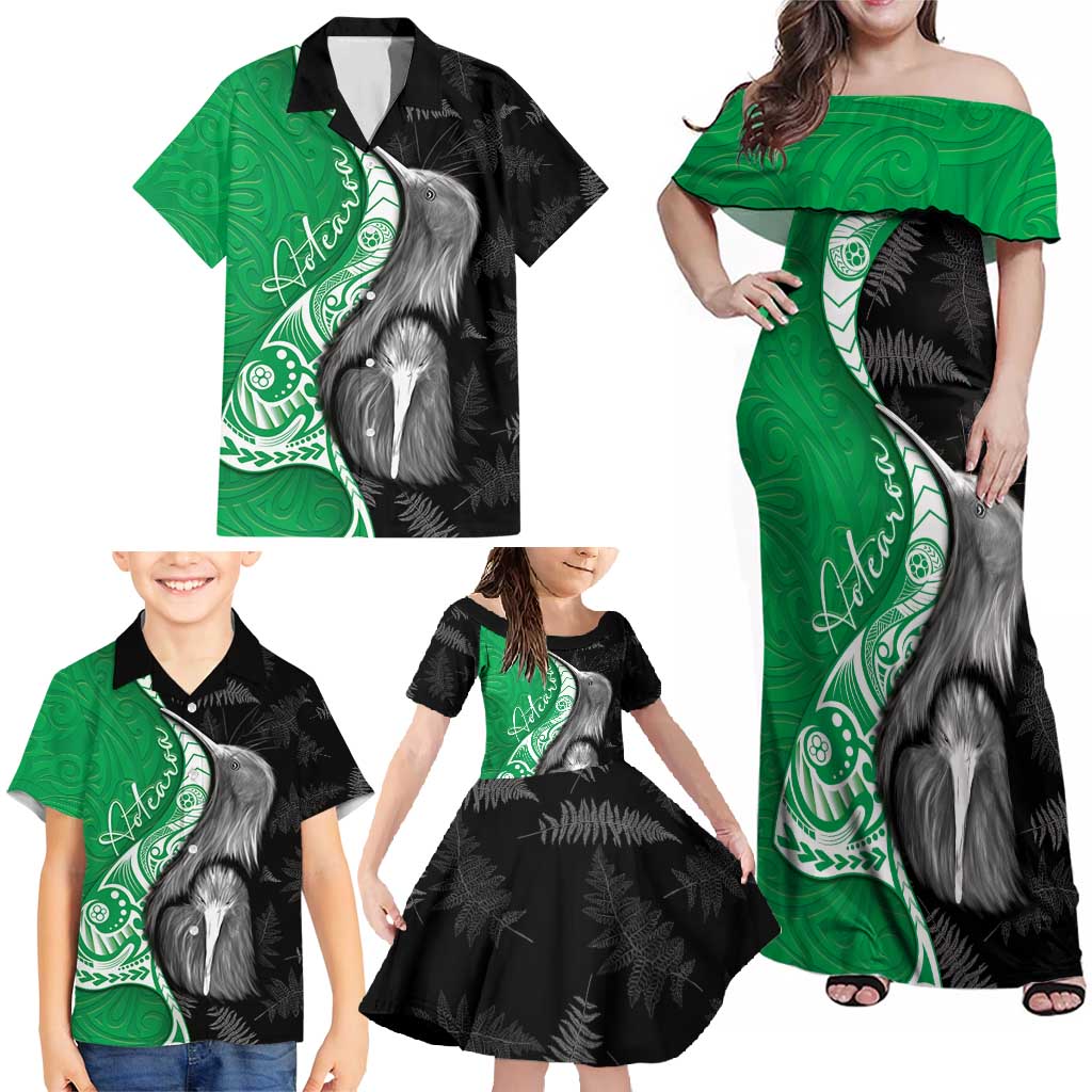 New Zealand Aotearoa Family Matching Off Shoulder Maxi Dress and Hawaiian Shirt Kiwi Fern Maori Pattern Green Version