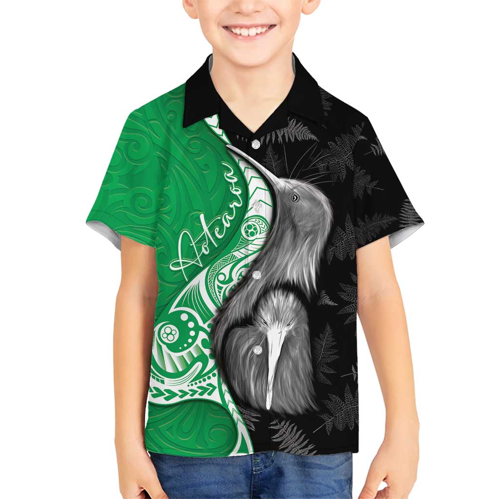 New Zealand Aotearoa Family Matching Off Shoulder Maxi Dress and Hawaiian Shirt Kiwi Fern Maori Pattern Green Version