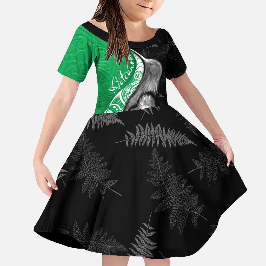 New Zealand Aotearoa Family Matching Tank Maxi Dress and Hawaiian Shirt Kiwi Fern Maori Pattern Green Version
