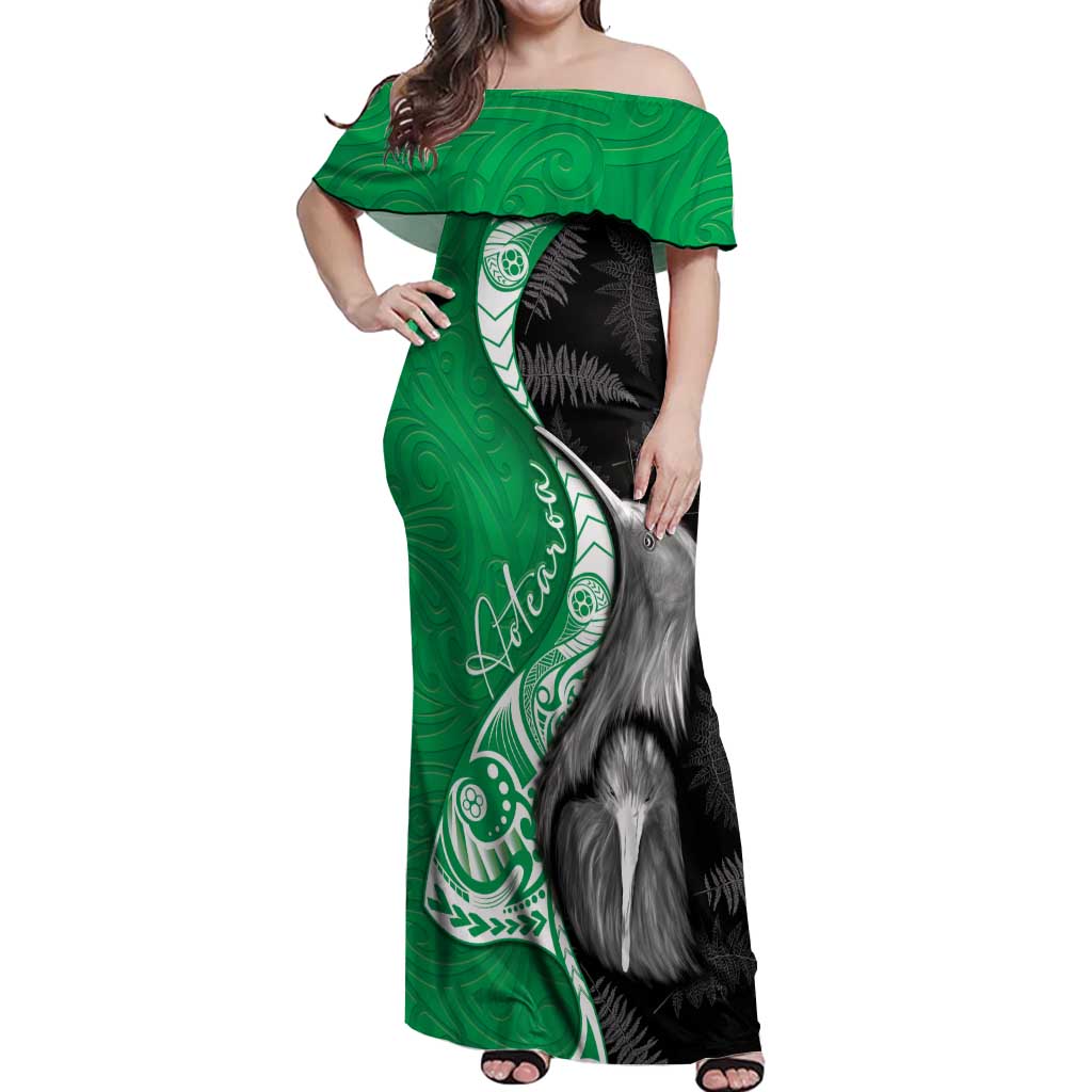 New Zealand Aotearoa Off Shoulder Maxi Dress Kiwi Fern Maori Pattern Green Version