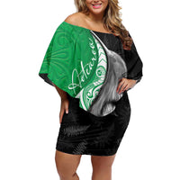 New Zealand Aotearoa Off Shoulder Short Dress Kiwi Fern Maori Pattern Green Version