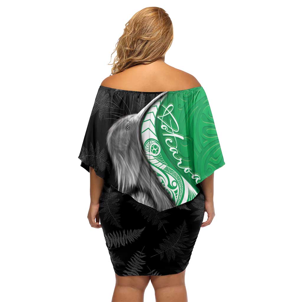 New Zealand Aotearoa Off Shoulder Short Dress Kiwi Fern Maori Pattern Green Version