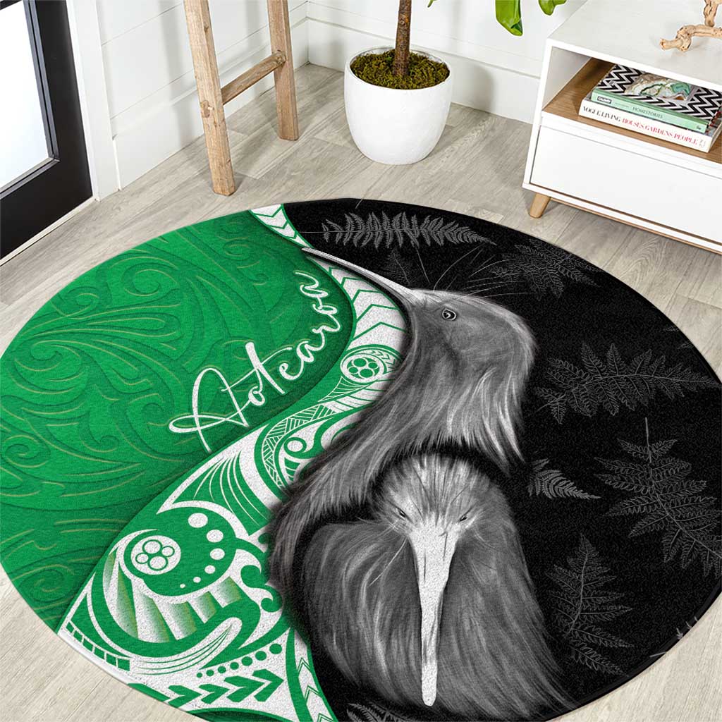 New Zealand Aotearoa Round Carpet Kiwi Fern Maori Pattern Green Version