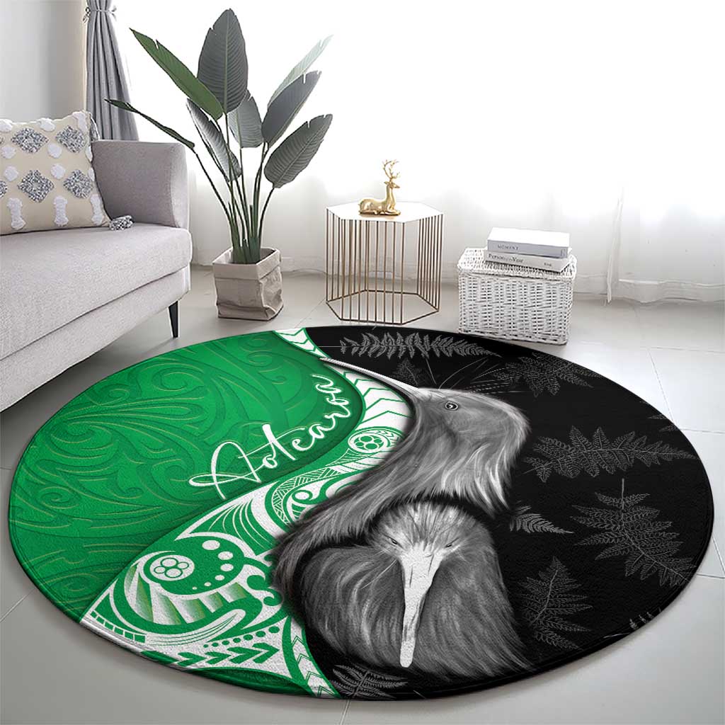 New Zealand Aotearoa Round Carpet Kiwi Fern Maori Pattern Green Version