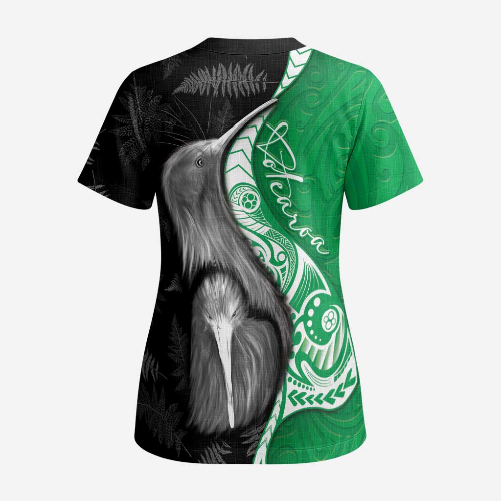 New Zealand Aotearoa Scrub Top Kiwi Fern Maori Pattern Green Version - Polynesian Pride
