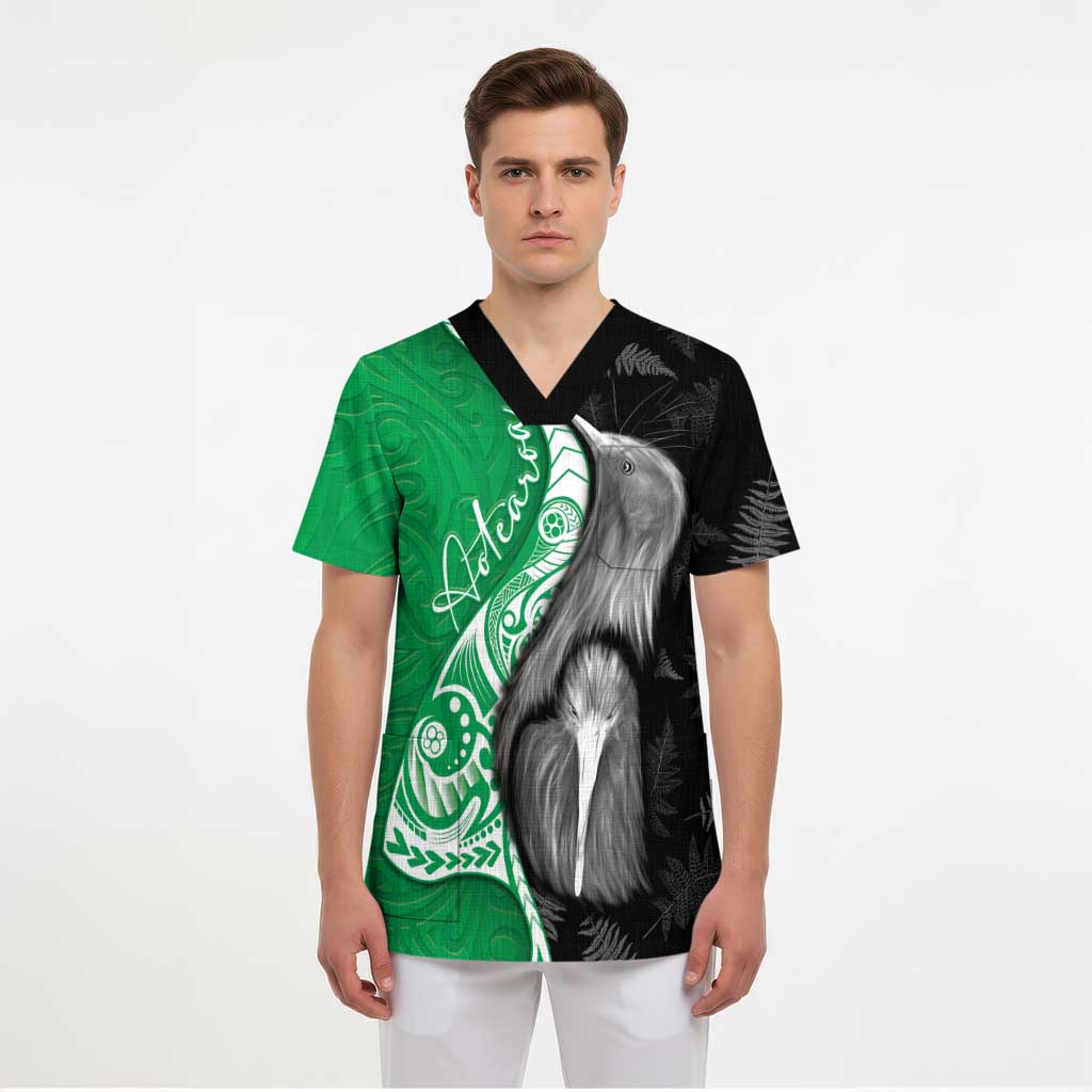 New Zealand Aotearoa Scrub Top Kiwi Fern Maori Pattern Green Version - Polynesian Pride