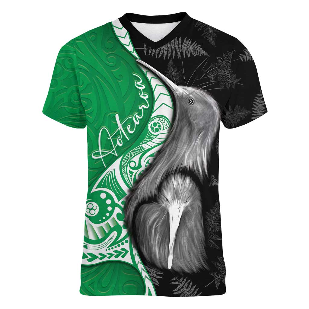 New Zealand Aotearoa Women V-Neck T-Shirt Kiwi Fern Maori Pattern Green Version