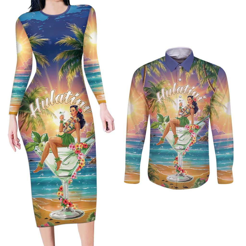 Aloha Hawaii Couples Matching Long Sleeve Bodycon Dress and Long Sleeve Button Shirt Hula Martini Tropical Vibes - Polynesian Pride