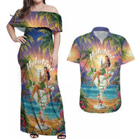 Aloha Hawaii Couples Matching Off Shoulder Maxi Dress and Hawaiian Shirt Hula Martini Tropical Vibes - Polynesian Pride