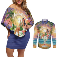 Aloha Hawaii Couples Matching Off Shoulder Short Dress and Long Sleeve Button Shirt Hula Martini Tropical Vibes - Polynesian Pride
