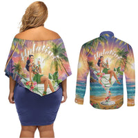 Aloha Hawaii Couples Matching Off Shoulder Short Dress and Long Sleeve Button Shirt Hula Martini Tropical Vibes - Polynesian Pride