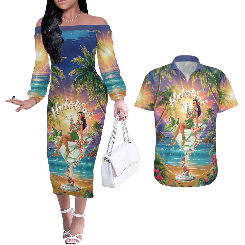 Aloha Hawaii Couples Matching Off The Shoulder Long Sleeve Dress and Hawaiian Shirt Hula Martini Tropical Vibes - Polynesian Pride