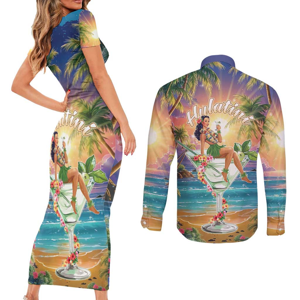 Aloha Hawaii Couples Matching Short Sleeve Bodycon Dress and Long Sleeve Button Shirt Hula Martini Tropical Vibes - Polynesian Pride