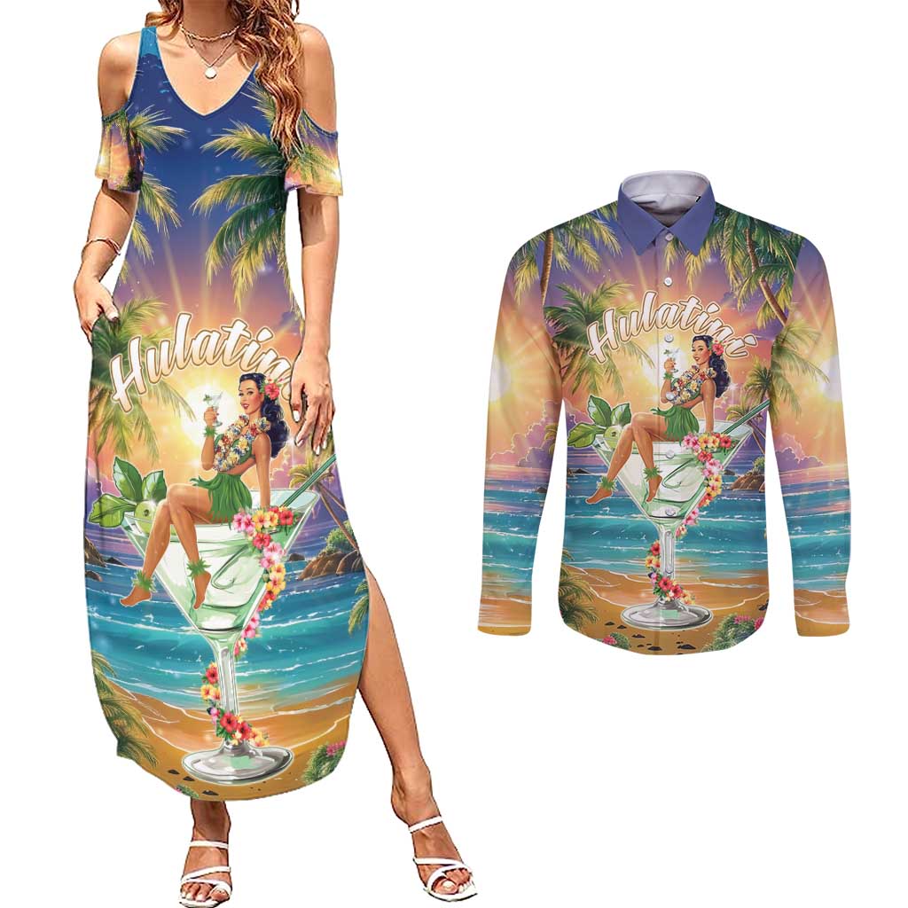 Aloha Hawaii Couples Matching Summer Maxi Dress and Long Sleeve Button Shirt Hula Martini Tropical Vibes - Polynesian Pride
