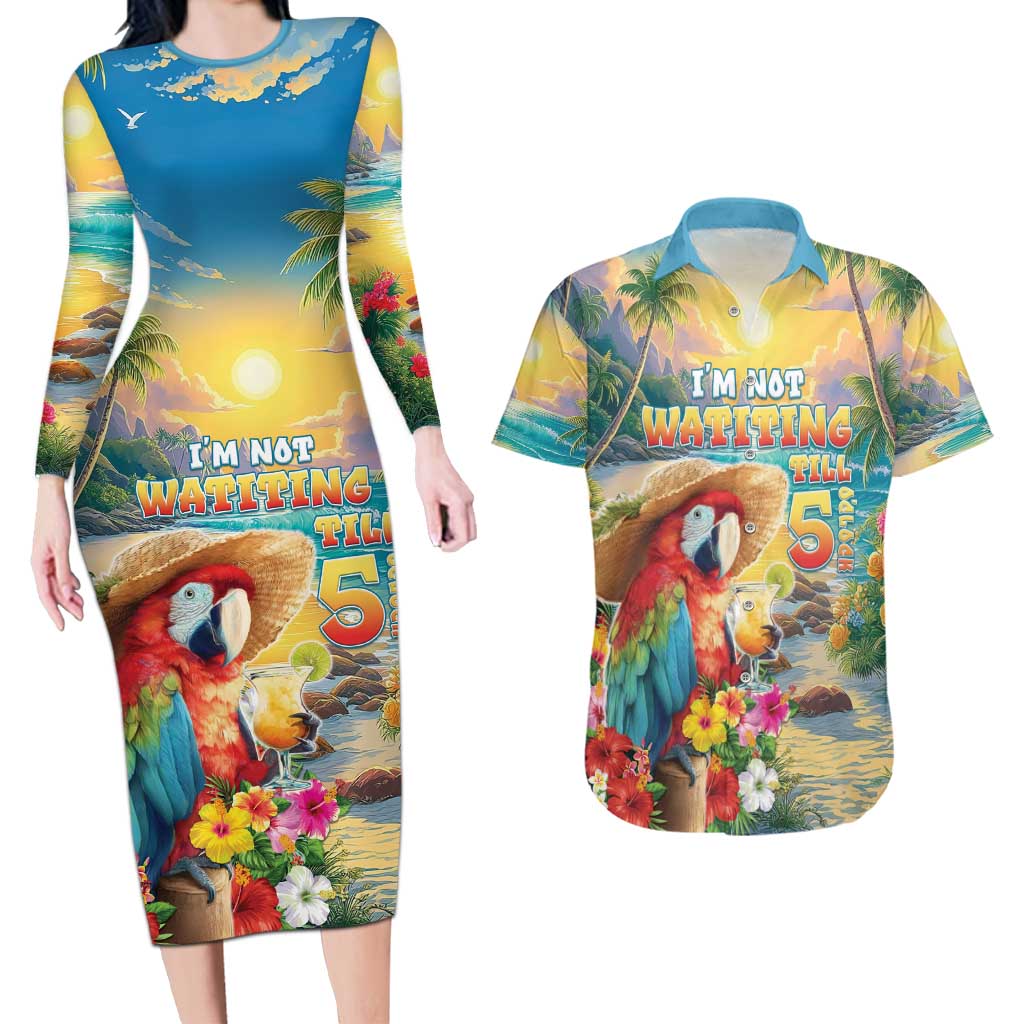 Hawaii Parrot Couples Matching Long Sleeve Bodycon Dress and Hawaiian Shirt Im Not Waiting Till 5 Oclock - Polynesian Pride
