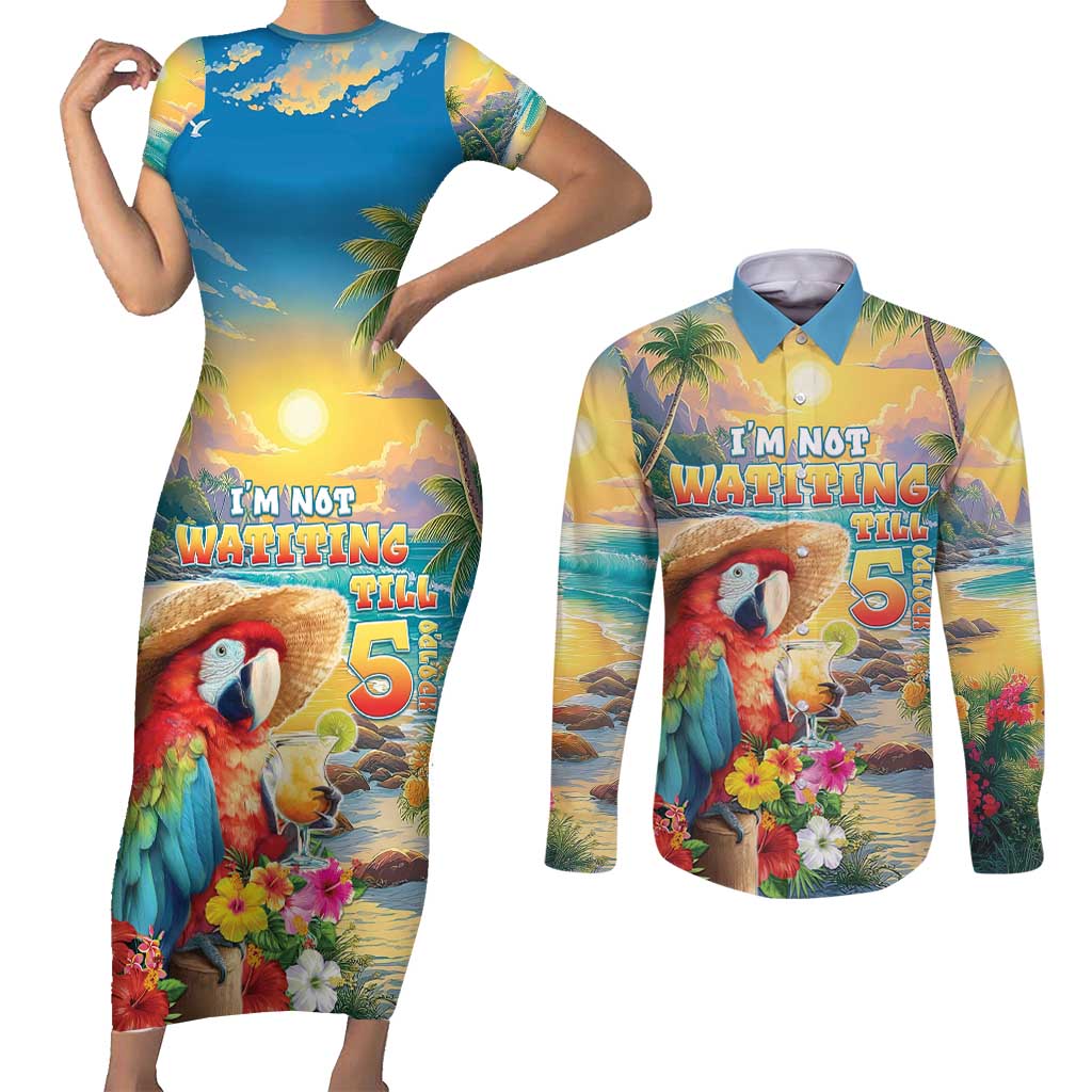 Hawaii Parrot Couples Matching Short Sleeve Bodycon Dress and Long Sleeve Button Shirt Im Not Waiting Till 5 Oclock - Polynesian Pride