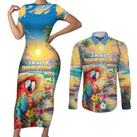 Hawaii Parrot Couples Matching Short Sleeve Bodycon Dress and Long Sleeve Button Shirt Im Not Waiting Till 5 Oclock - Polynesian Pride