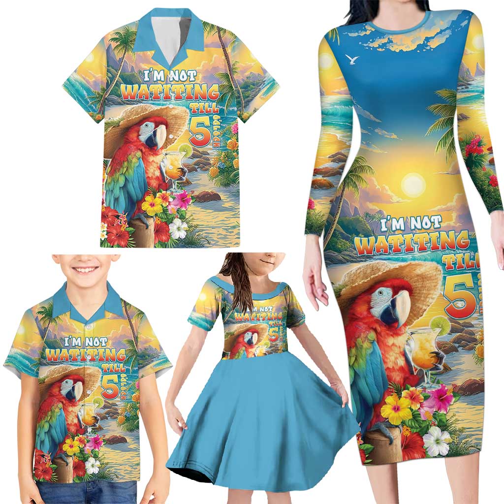 Hawaii Parrot Family Matching Long Sleeve Bodycon Dress and Hawaiian Shirt Im Not Waiting Till 5 Oclock - Polynesian Pride