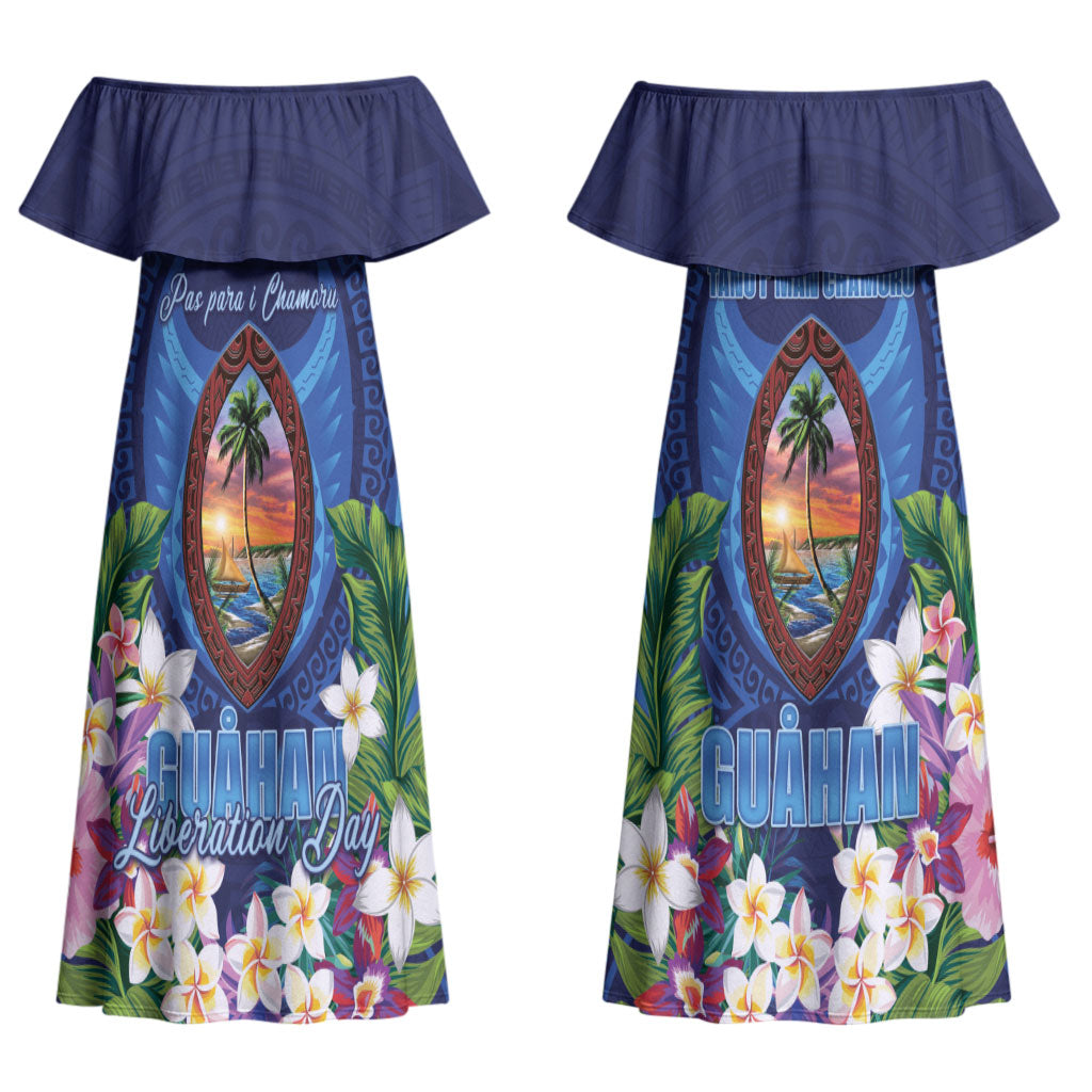 Guam Liberation Day Couples Matching Off Shoulder Maxi Dress and Hawaiian Shirt Pas Para I Chamoru LT05 - Polynesian Pride