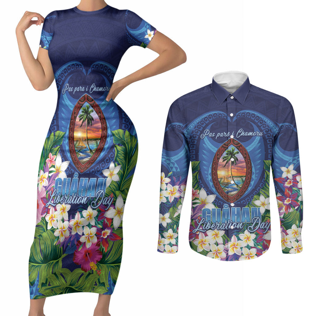 Guam Liberation Day Couples Matching Short Sleeve Bodycon Dress and Long Sleeve Button Shirt Pas Para I Chamoru LT05 Navy - Polynesian Pride